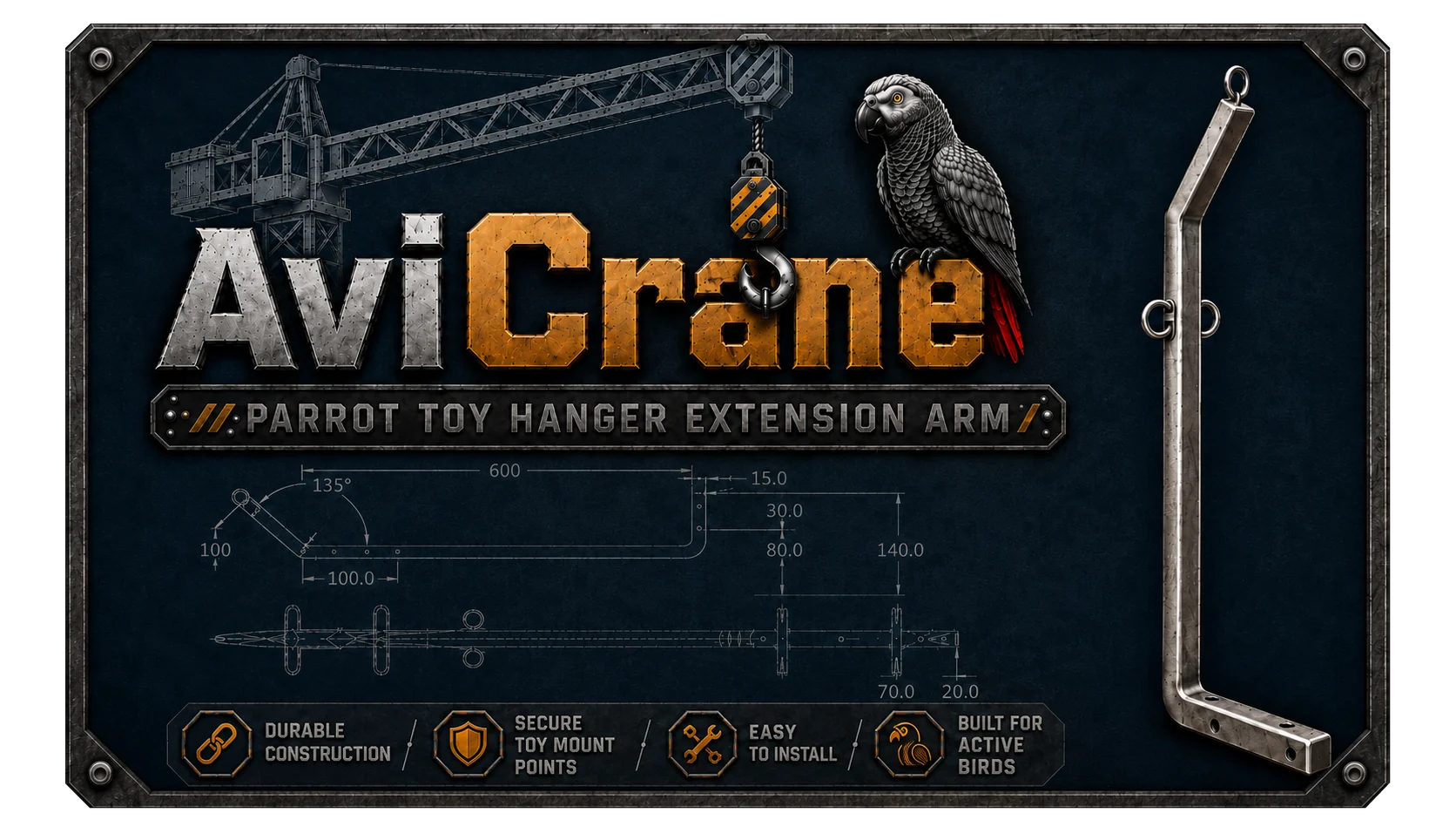 AviCrane Parrot Toy Hanger Extension Arm artwork and specifications
