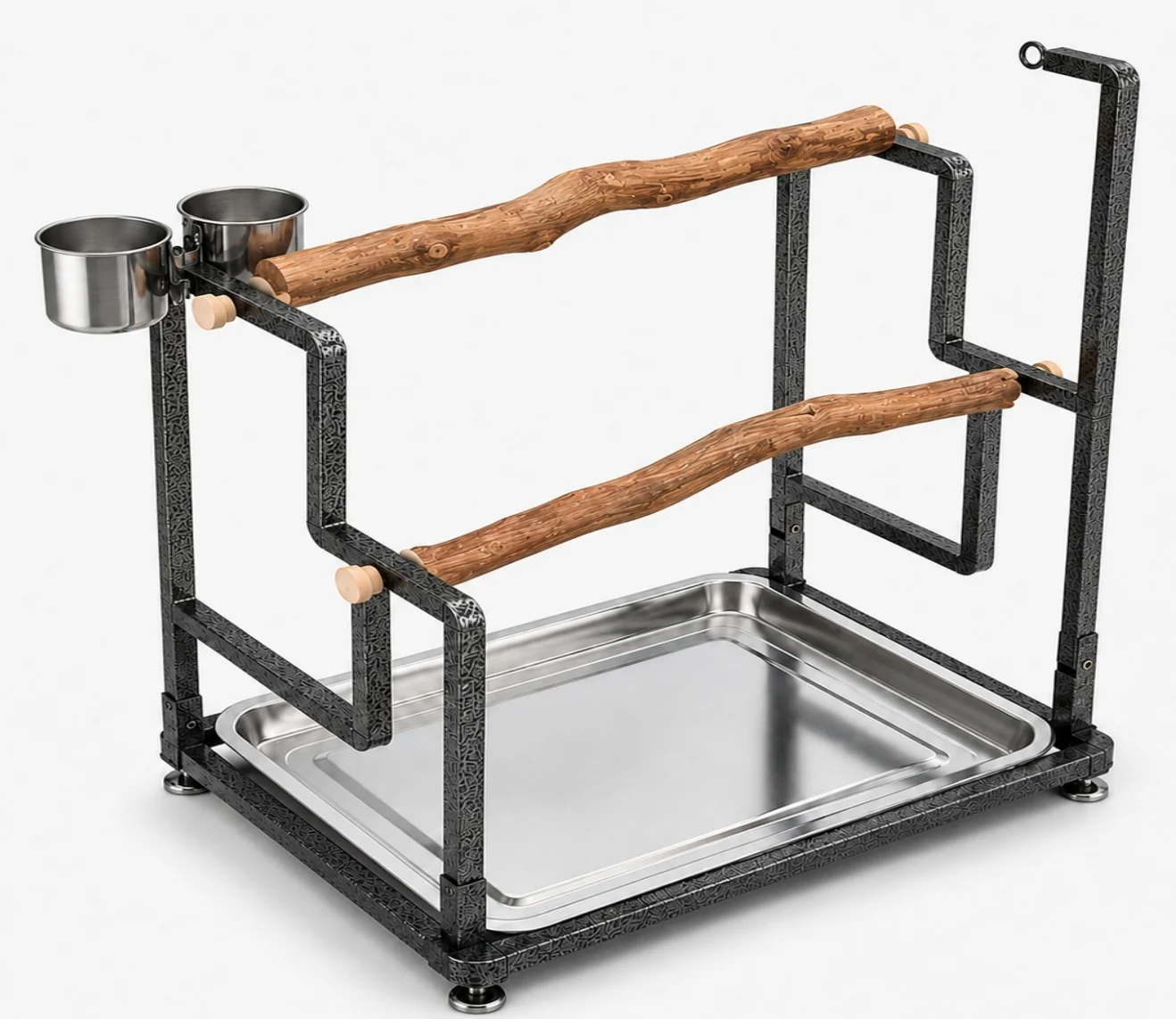 Fold & Fly Parrot Perch with two wood perches, feeding cups, and catch tray