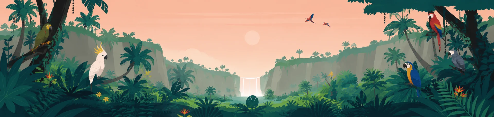 Wide illustrated jungle landscape with colorful parrots