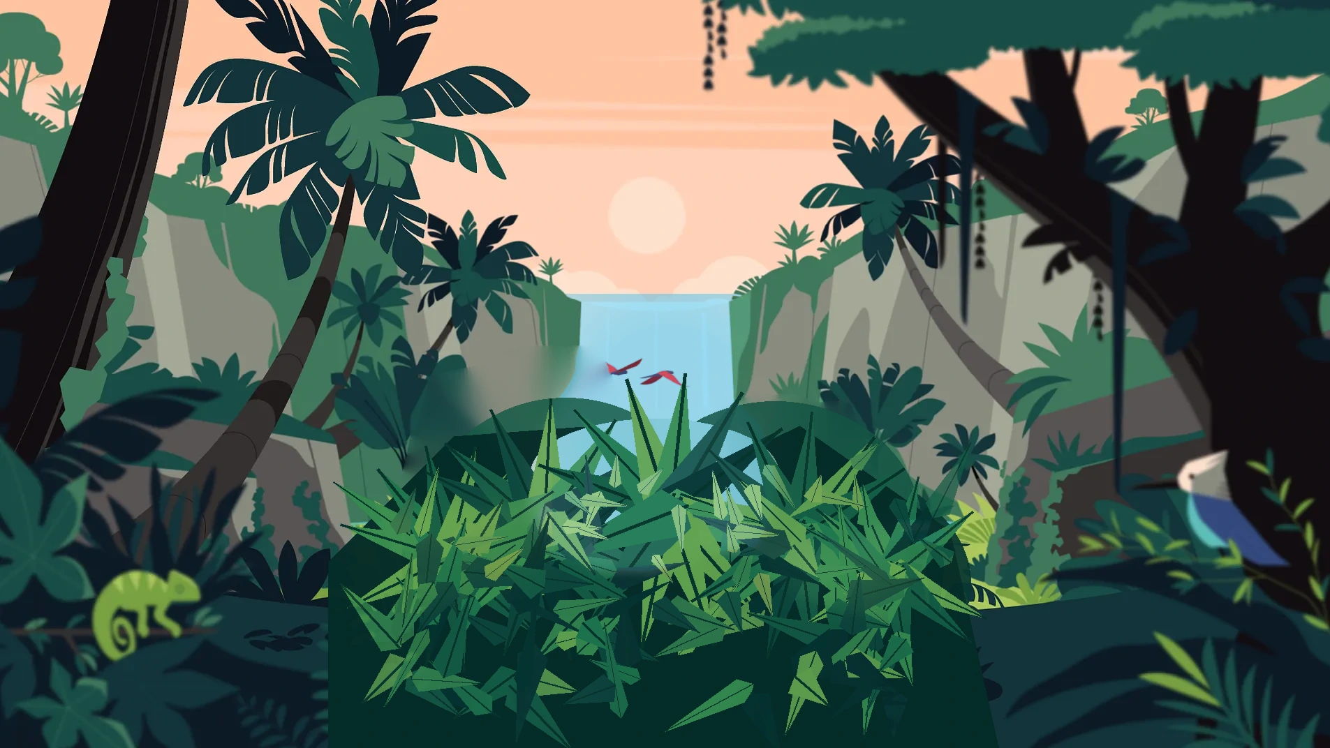 Illustrated jungle scene with tropical foliage and a blue waterfall