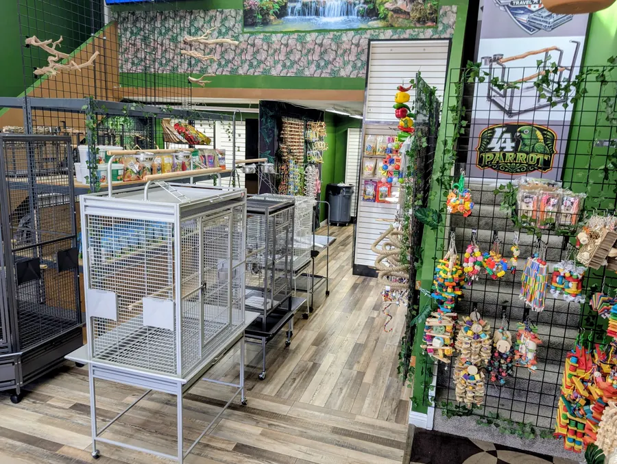 Bird cages and accessory displays along the showroom aisle